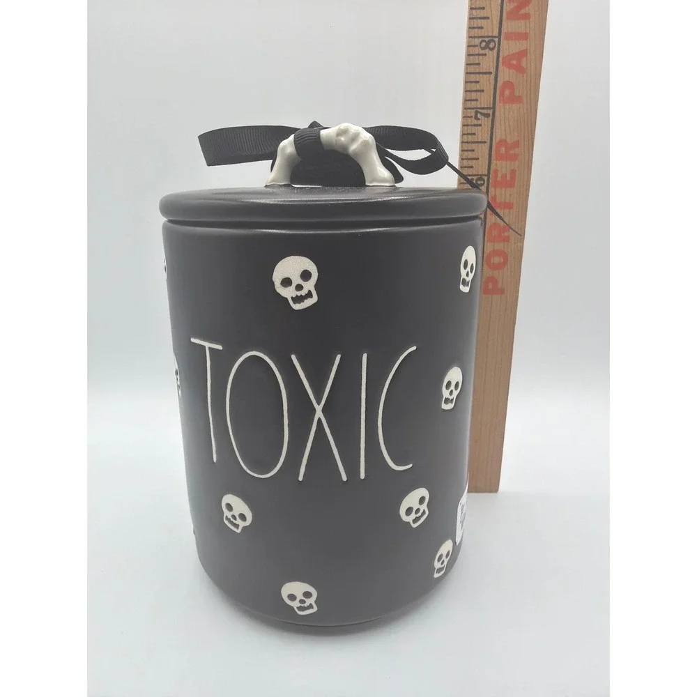 Rae Dunn TOXIC Halloween Canister Black White Skulls Bone Lid